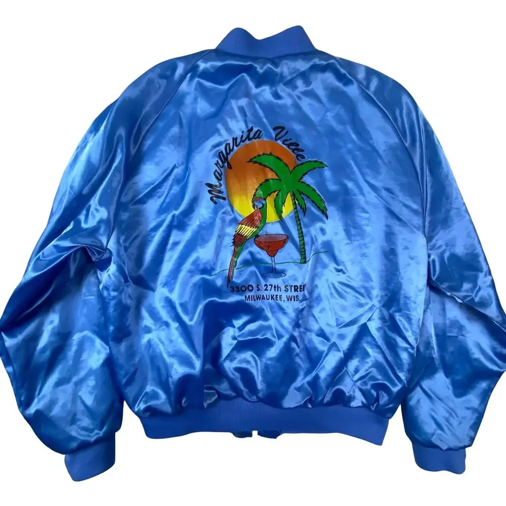 Margarita Ville Satin Bomber Jacket Mens M Blue Parrot Palm Bar Souvenir Vintage